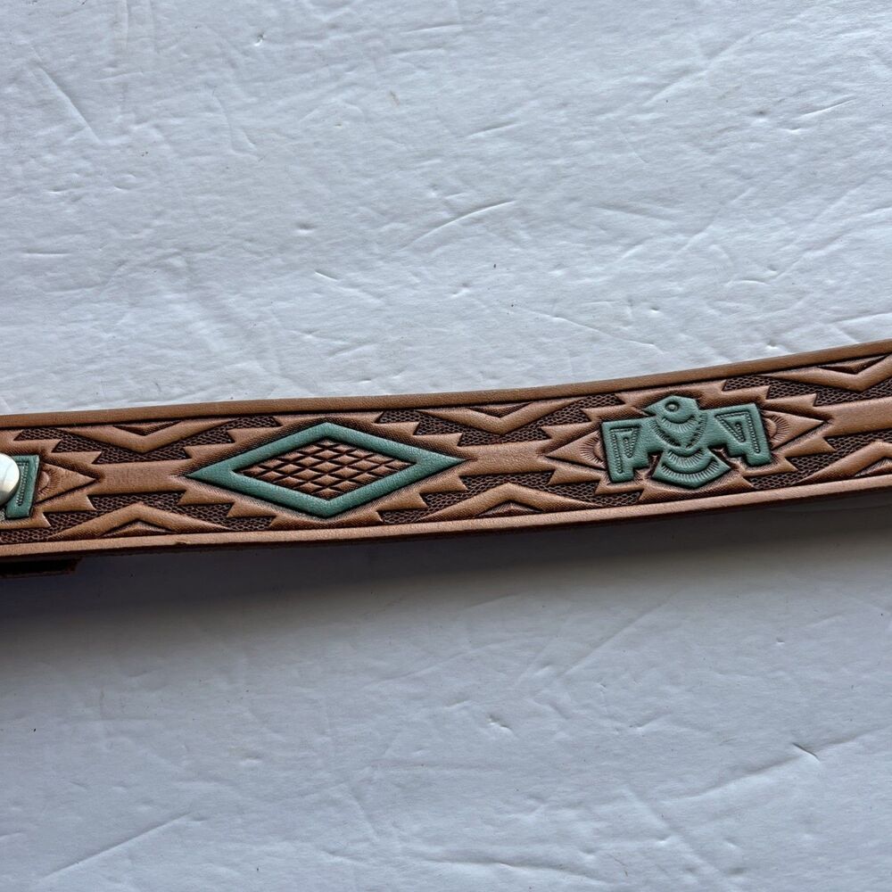 SEARS Brown Tooled Leather Belt Painted Western Aztec Southwest Buckle USA Sz 23 - Picture 9 of 10